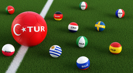 Big Soccer ball in Turkeys national colors surrounded by smaller soccer balls in other national colors. 3D Rendering 