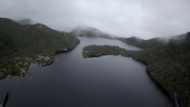 Wide aerial, scenic lake in New Zealand