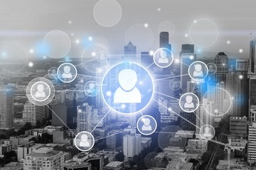 Obraz premium Digital signs on city background