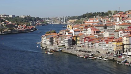 Top view of the Douro River and the Don Luis Bridge, in the city of Porto.