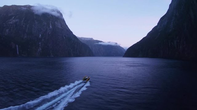 Aerial, speedboat in New Zealand fjord