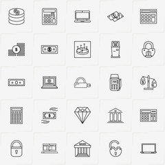 Banking line icon set with check device, money and bank