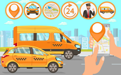Taxi and Driver Services. Vector Flat Illustration