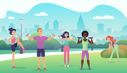 People in the public park doing fitness. Sports outdoor activities flat design vector illustration. Women doing yoga, stretching, fitness outside.