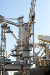 Port grain elevator close up. Industrial sea trading port bulk cargo zone grain terminal