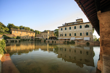 aerial shot of the lovely village of bagno vignoni in val d'Orcia 