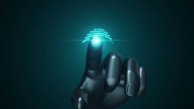 Animation touching finger of abstract human hand to touch screen and scanning tech symbol as fingerprint. Animation of seamless loop.