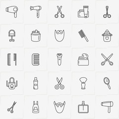 Barbershop line icon set with shaver, hand mirror and scissor