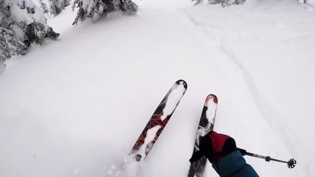 POV, skiing down slope in British Columbia