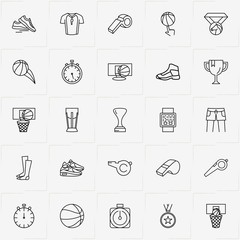 Basketball line icon set with basketball basket, trophy and sport watch