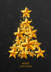 Christmas and New Years red background with Christmas Tree made of golden stars.