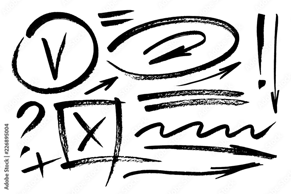 Poster vector hand drawn design elements. ink brush drawn notes and marks. set of artistic elements such as