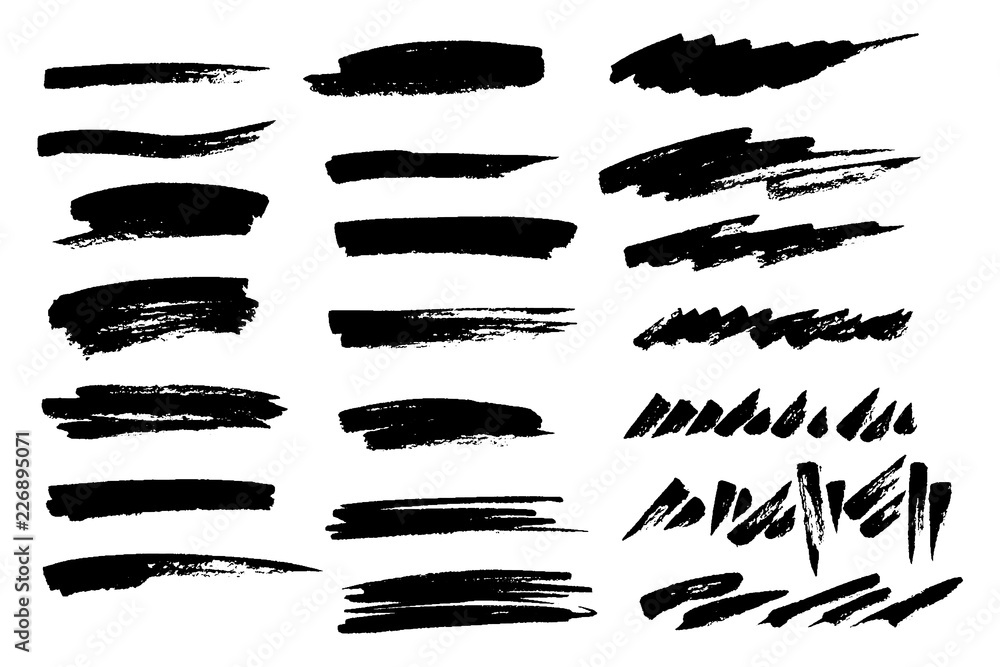 Poster vector set of hand drawn brush strokes and stains. one color monochrome artistic hand drawn backgrou