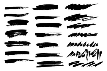 Vector set of hand drawn brush strokes and stains. One color monochrome artistic hand drawn backgrounds. Horizontal greyscale strokes as design elements.