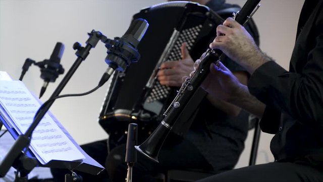 Clarinetist and accordionist at concert, theater scene, clarinet, flat plane closeup