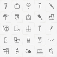 Bathroom line icon set with perfume, bath curtain  and comb