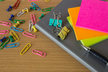 School stationery on wood table