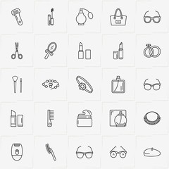Beauty line icon set with perfume, spectacles and shaver