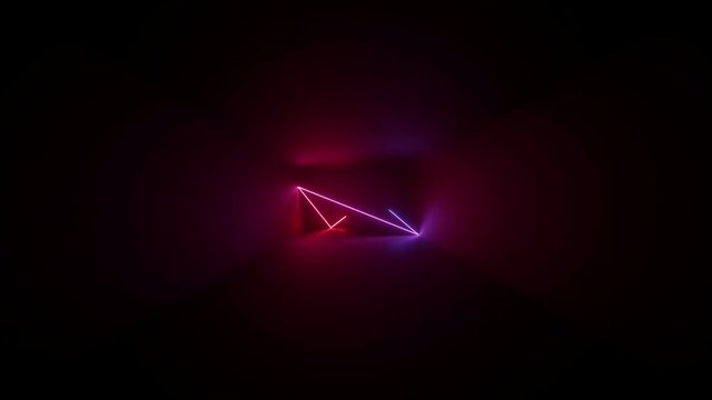 3d render, abstract background, neon rays inside dark box, tunnel, corridor, glowing lines, fluorescent ultraviolet light, blue red pink purple spectrum, looped, seamless animation