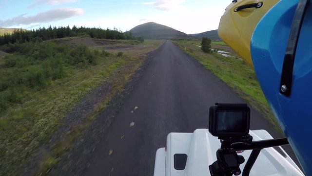 Driving with kayaks in Iceland, POV close up