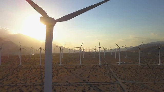 Sunset Fly By of Wind Turbine Wind Energy Farm in Palm Springs