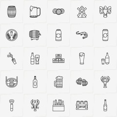 Beer line icon set with beer, fishes and lobster