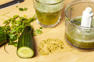 Messy makings of a cucumber smoothie
