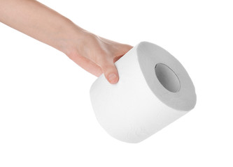 Woman holding toilet paper roll on white background. Personal hygiene