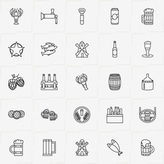 Beer line icon set with barrel of beer, beer pub logo and beer tap