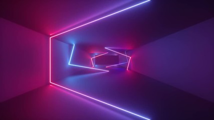 3d render, abstract geometric background, fluorescent ultraviolet light, glowing neon lines rotating inside tunnel, blue red pink purple spectrum, shapes spinning around, looped animation