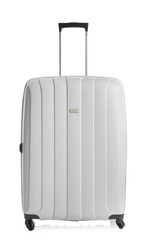 Modern suitcase for travelling on white background
