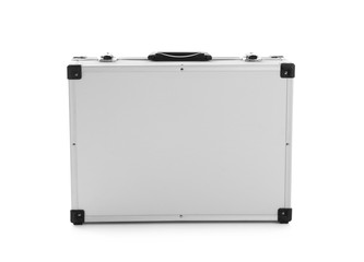 Modern silver suitcase on white background