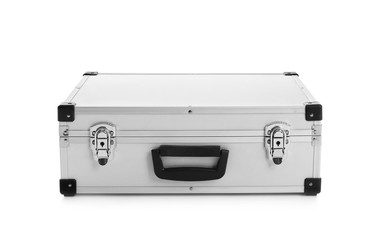 Modern silver suitcase on white background
