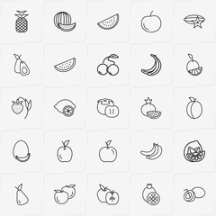 Berries And Fruits line icon set with peach, cherry  and lemon