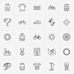 Bicycle Sport line icon set with bicycle spoke , start sign  and sport shirt