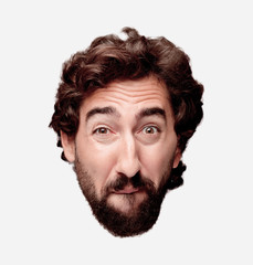young crazy bearded man cutout head expression isolated.. sad concept