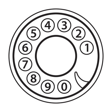 Rotary phone dial, old telephone numbers, abstract disk, retro vintage phone disc, outlined black isolated on white background, vector illustration.