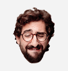 young crazy bearded man cutout head expression isolated. hipster role with view glasses. sad concept