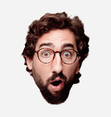 young crazy bearded man cutout head expression isolated. hipster role with view glasses. scared...