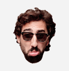young crazy bearded man cutout head expression isolated. hipster role with sun glasses. sad concept