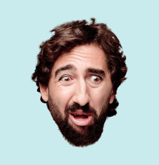 young crazy bearded man cutout head expression isolated.. sad concept