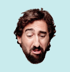 young crazy bearded man cutout head expression isolated.. sad concept