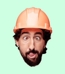 young crazy bearded man cutout head expression isolated. built worker role. joking concept