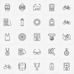 Bicycle Sport line icon set with sport water bottle, sport spectacles and backpack