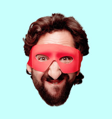 young crazy bearded man cutout head expression isolated. super hero role. angry expression