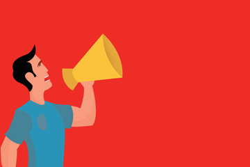 Flat design business Vector Illustration Empty copy space for Ad website promotion esp isolated Banner template. Man in Shirt Standing Talking Holding a Megaphone Male Calling Out onto