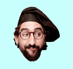 young crazy bearded man cutout head expression isolated. chef role. thinking concept