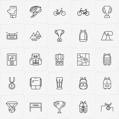 Bicycle Sport line icon set with mountain , bicycle and music player