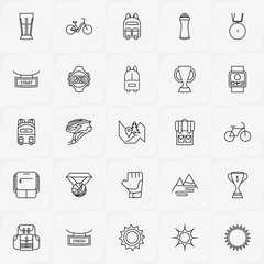 Bicycle Sport line icon set with backpack, map location  and sun