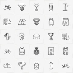 Bicycle Sport line icon set with sport water bottle, trophy and map location